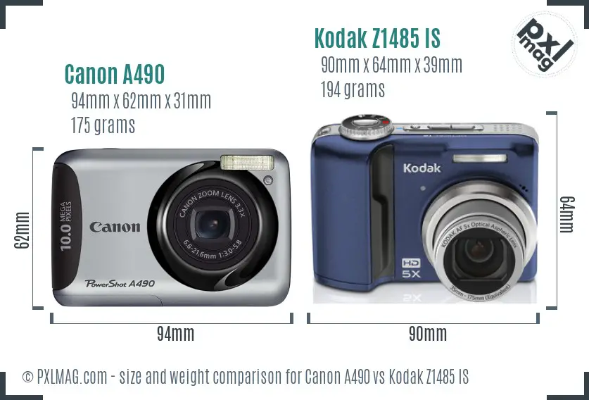 Canon A490 vs Kodak Z1485 IS size comparison