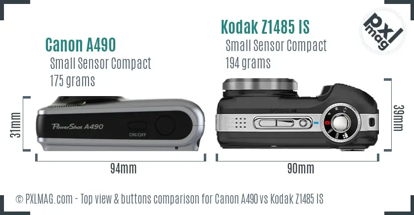 Canon A490 vs Kodak Z1485 IS top view buttons comparison