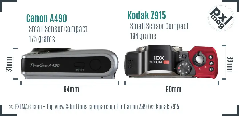 Canon A490 vs Kodak Z915 top view buttons comparison