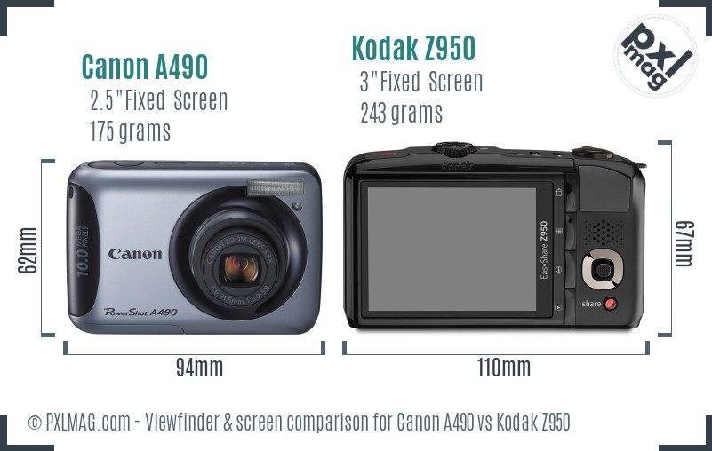 Canon A490 vs Kodak Z950 Screen and Viewfinder comparison