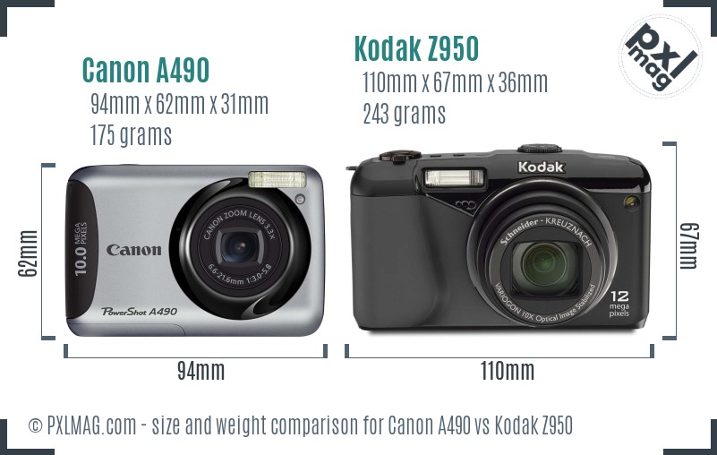 Canon A490 vs Kodak Z950 size comparison