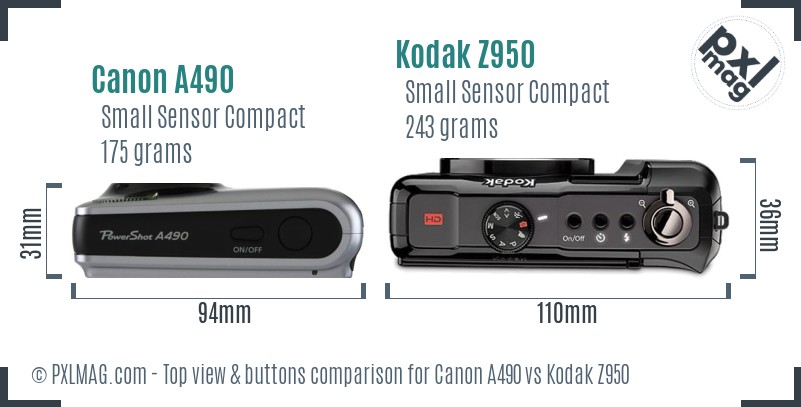 Canon A490 vs Kodak Z950 top view buttons comparison