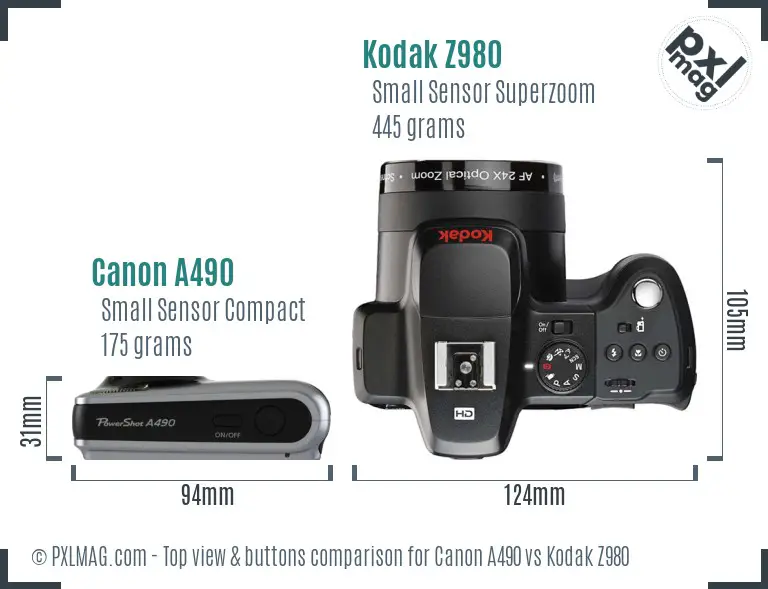 Canon A490 vs Kodak Z980 top view buttons comparison