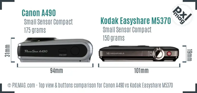 Canon A490 vs Kodak Easyshare M5370 top view buttons comparison