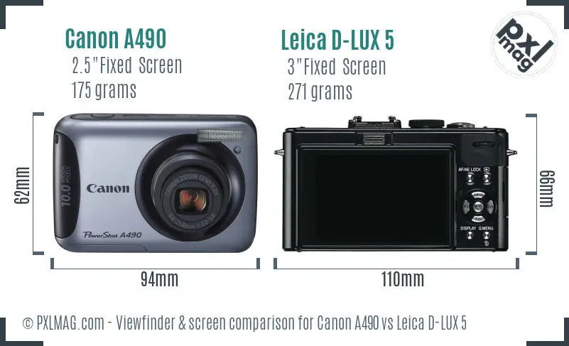 Canon A490 vs Leica D-LUX 5 Screen and Viewfinder comparison