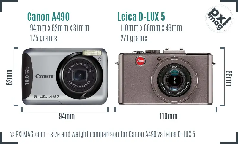 Canon A490 vs Leica D-LUX 5 size comparison