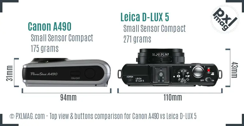 Canon A490 vs Leica D-LUX 5 top view buttons comparison