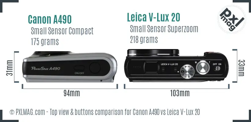 Canon A490 vs Leica V-Lux 20 top view buttons comparison