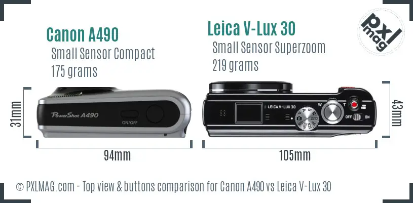 Canon A490 vs Leica V-Lux 30 top view buttons comparison