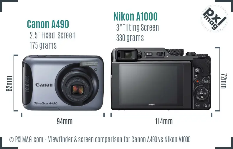 Canon A490 vs Nikon A1000 Screen and Viewfinder comparison