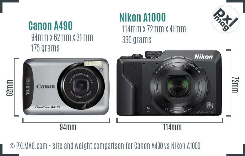 Canon A490 vs Nikon A1000 size comparison