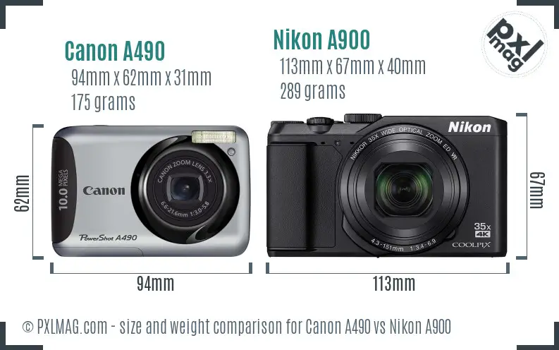 Canon A490 vs Nikon A900 size comparison