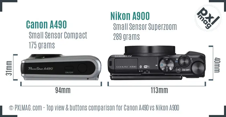 Canon A490 vs Nikon A900 top view buttons comparison