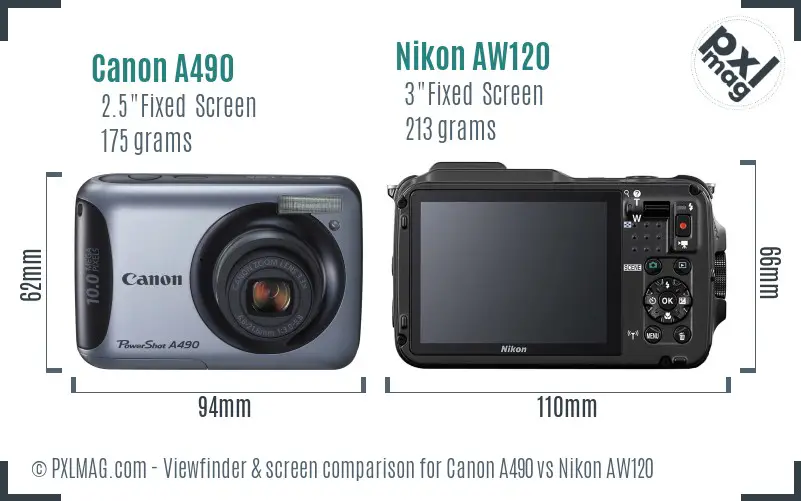 Canon A490 vs Nikon AW120 Screen and Viewfinder comparison