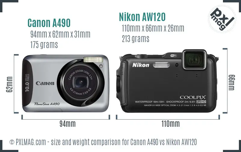 Canon A490 vs Nikon AW120 size comparison