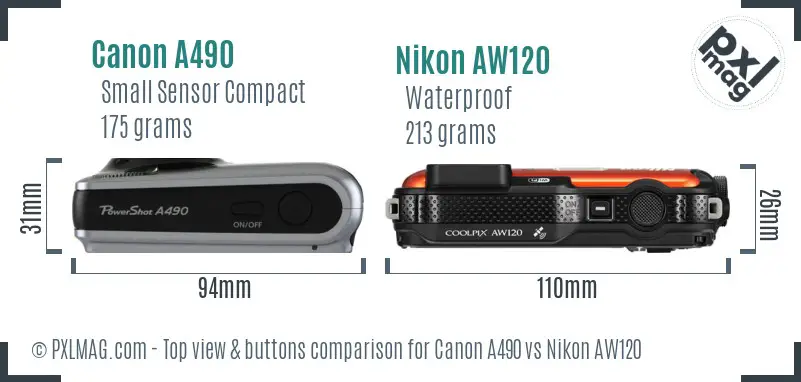 Canon A490 vs Nikon AW120 top view buttons comparison