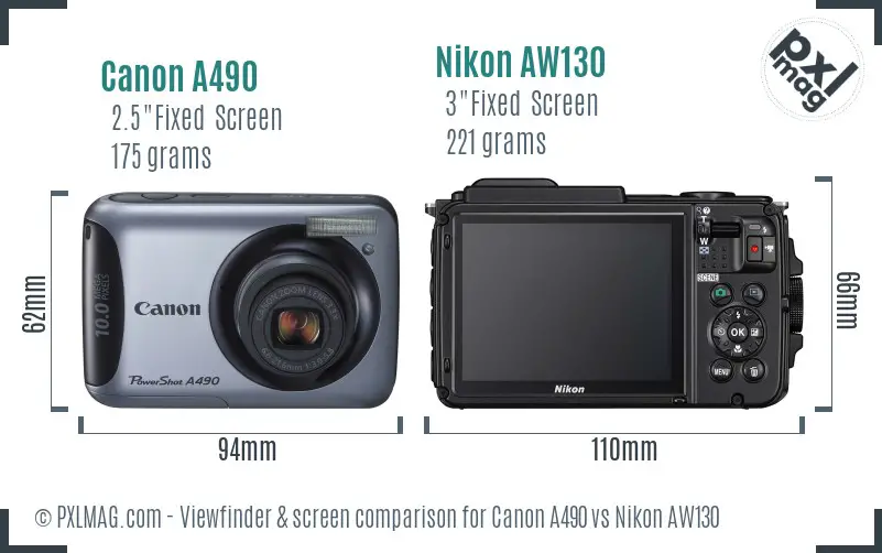 Canon A490 vs Nikon AW130 Screen and Viewfinder comparison