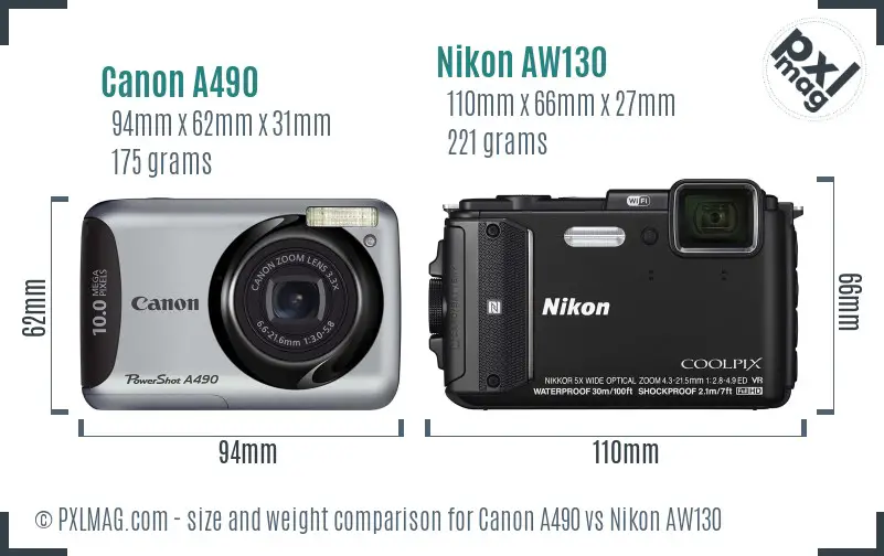 Canon A490 vs Nikon AW130 size comparison