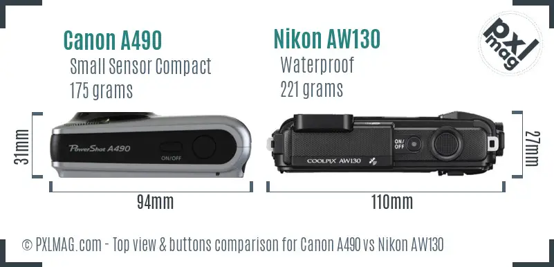 Canon A490 vs Nikon AW130 top view buttons comparison
