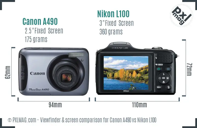 Canon A490 vs Nikon L100 Screen and Viewfinder comparison