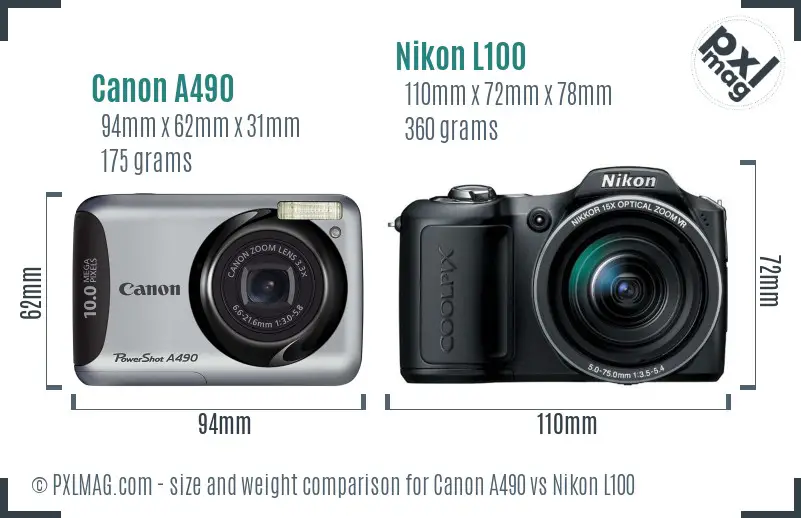 Canon A490 vs Nikon L100 size comparison