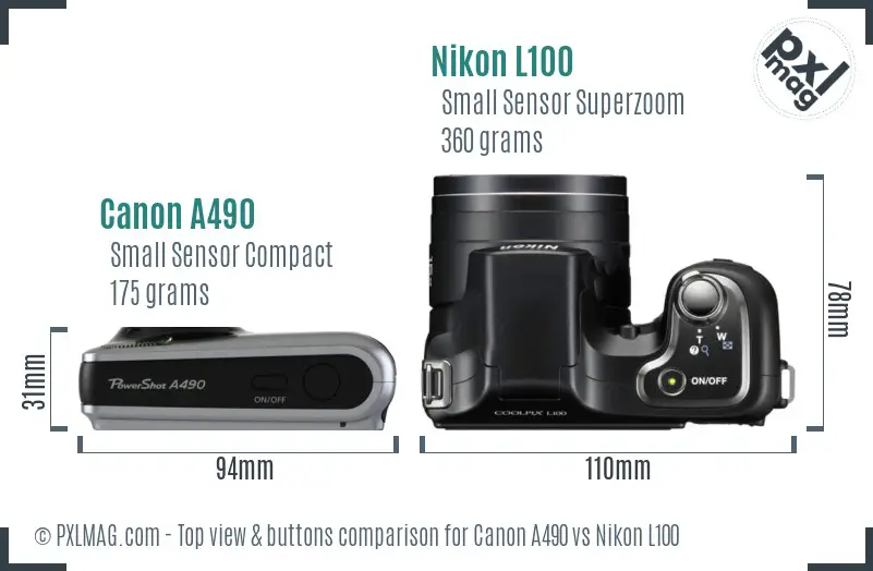 Canon A490 vs Nikon L100 top view buttons comparison