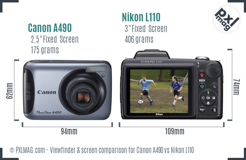 Canon A490 vs Nikon L110 Screen and Viewfinder comparison