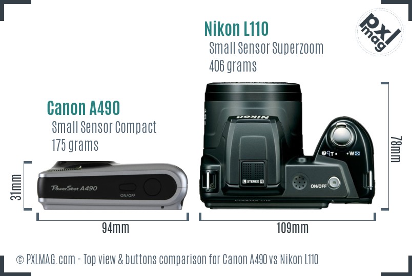 Canon A490 vs Nikon L110 top view buttons comparison