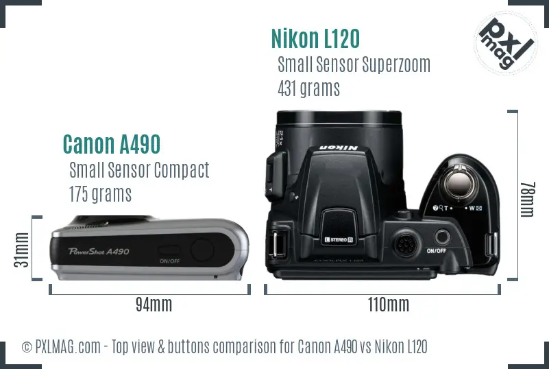 Canon A490 vs Nikon L120 top view buttons comparison