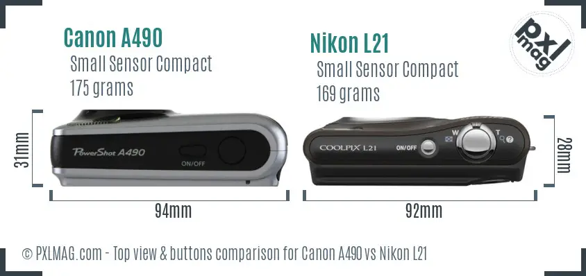 Canon A490 vs Nikon L21 top view buttons comparison