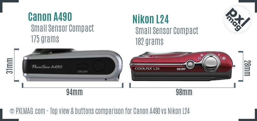 Canon A490 vs Nikon L24 top view buttons comparison