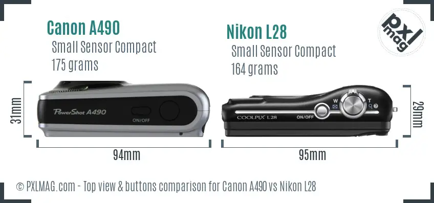 Canon A490 vs Nikon L28 top view buttons comparison