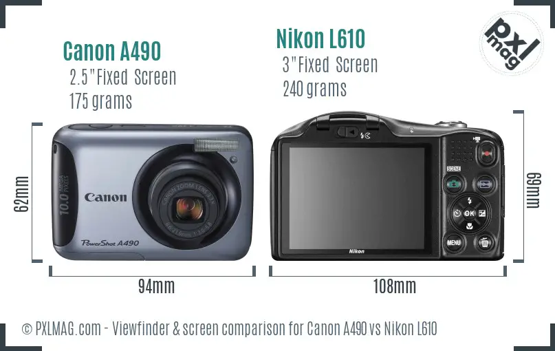 Canon A490 vs Nikon L610 Screen and Viewfinder comparison