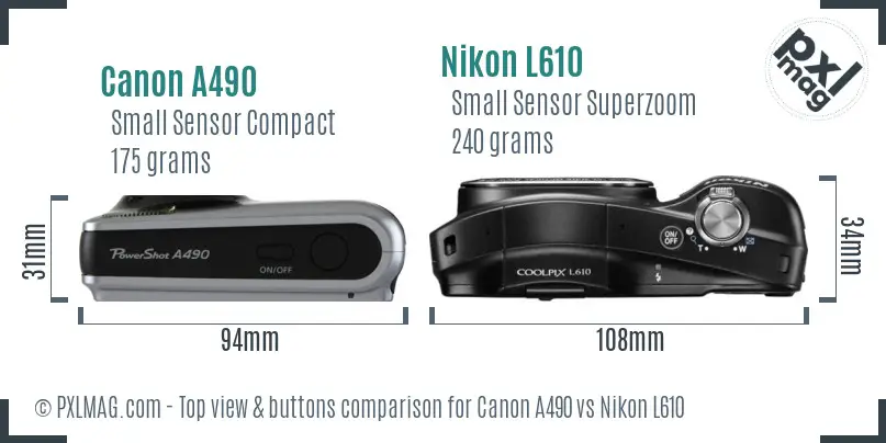 Canon A490 vs Nikon L610 top view buttons comparison