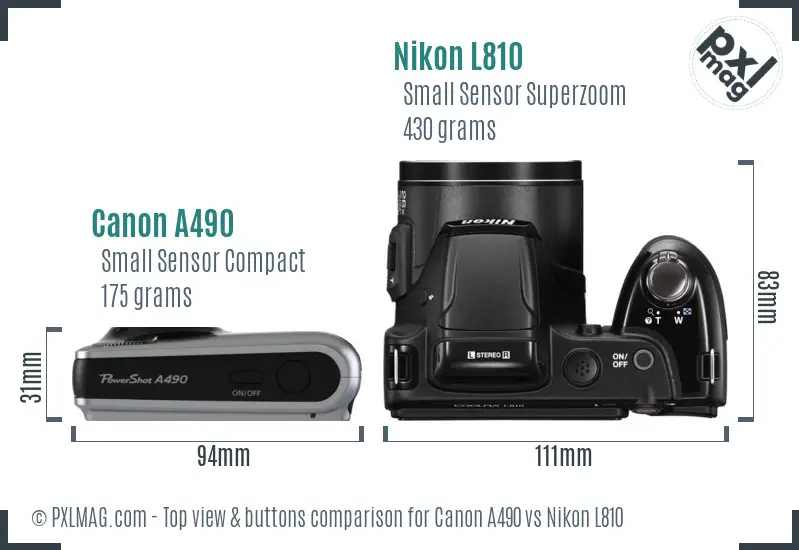 Canon A490 vs Nikon L810 top view buttons comparison
