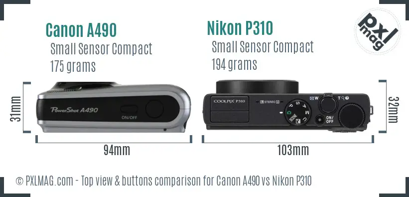 Canon A490 vs Nikon P310 top view buttons comparison Canon A490 vs Nikon P310 top view buttons comparison