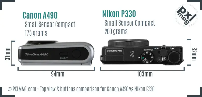 Canon A490 vs Nikon P330 top view buttons comparison Canon A490 vs Nikon P330 top view buttons comparison