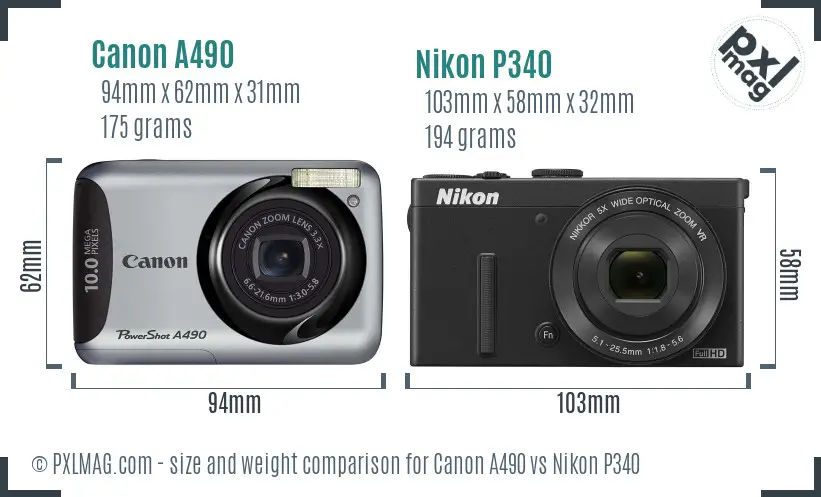 Canon A490 vs Nikon P340 size comparison Canon A490 vs Nikon P340 size comparison