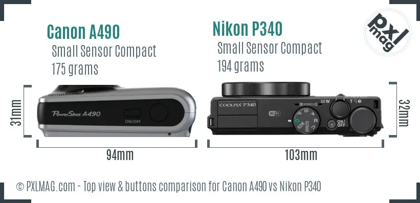Canon A490 vs Nikon P340 top view buttons comparison Canon A490 vs Nikon P340 top view buttons comparison