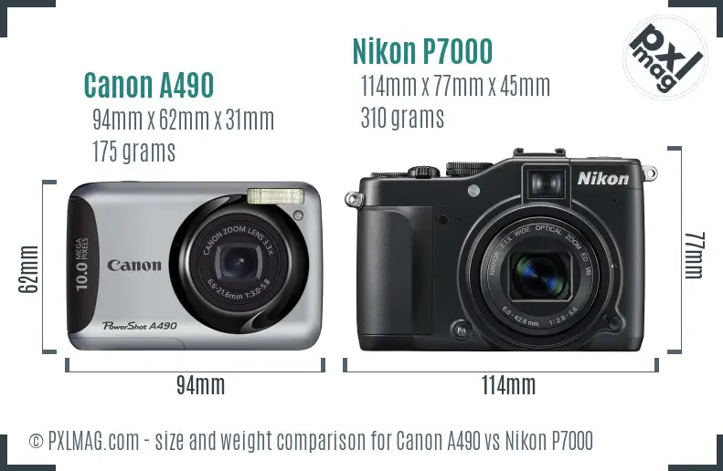 Canon A490 vs Nikon P7000 size comparison