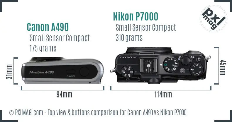 Canon A490 vs Nikon P7000 top view buttons comparison