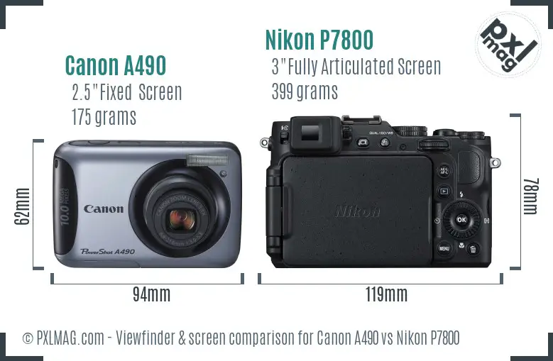 Canon A490 vs Nikon P7800 Screen and Viewfinder comparison