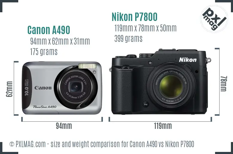 Canon A490 vs Nikon P7800 size comparison