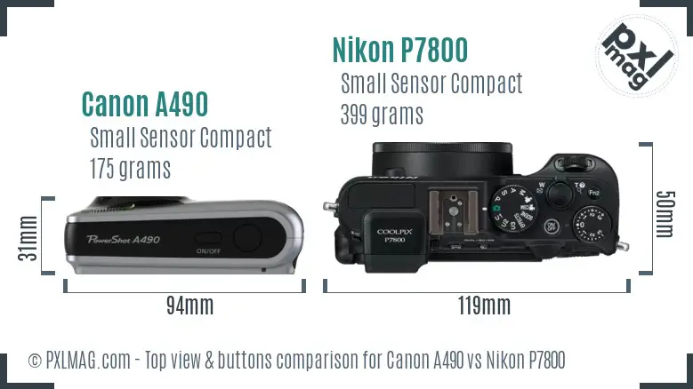 Canon A490 vs Nikon P7800 top view buttons comparison