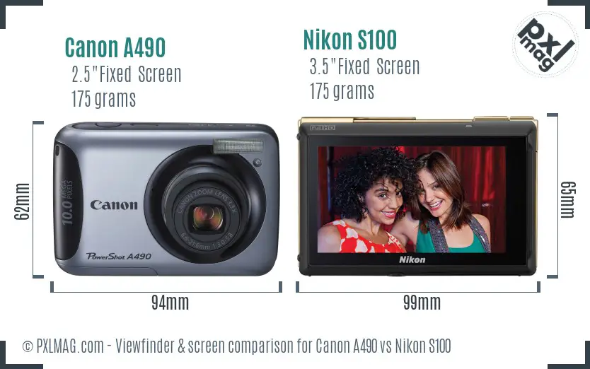 Canon A490 vs Nikon S100 Screen and Viewfinder comparison