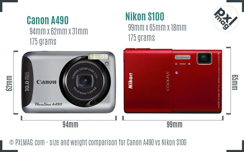 Canon A490 vs Nikon S100 size comparison