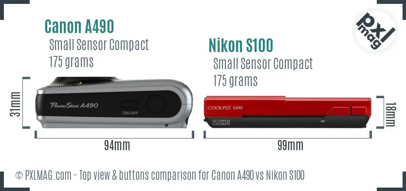 Canon A490 vs Nikon S100 top view buttons comparison