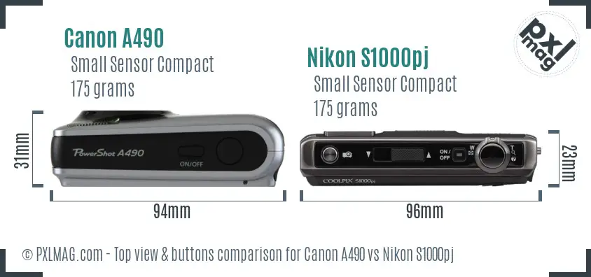 Canon A490 vs Nikon S1000pj top view buttons comparison Canon A490 vs Nikon S1000pj top view buttons comparison