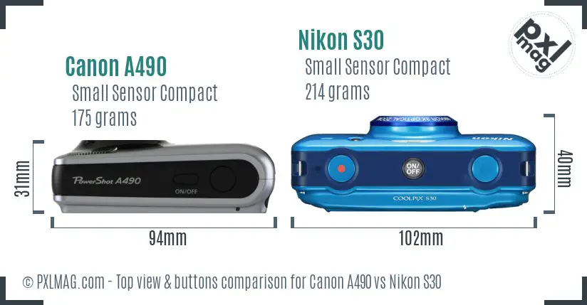 Canon A490 vs Nikon S30 top view buttons comparison