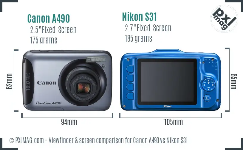 Canon A490 vs Nikon S31 Screen and Viewfinder comparison